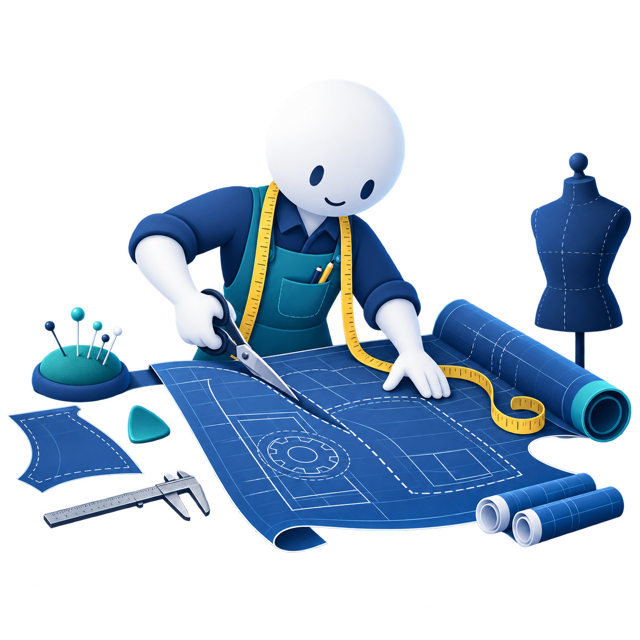 A tailor cutting an engineering blueprint to measure