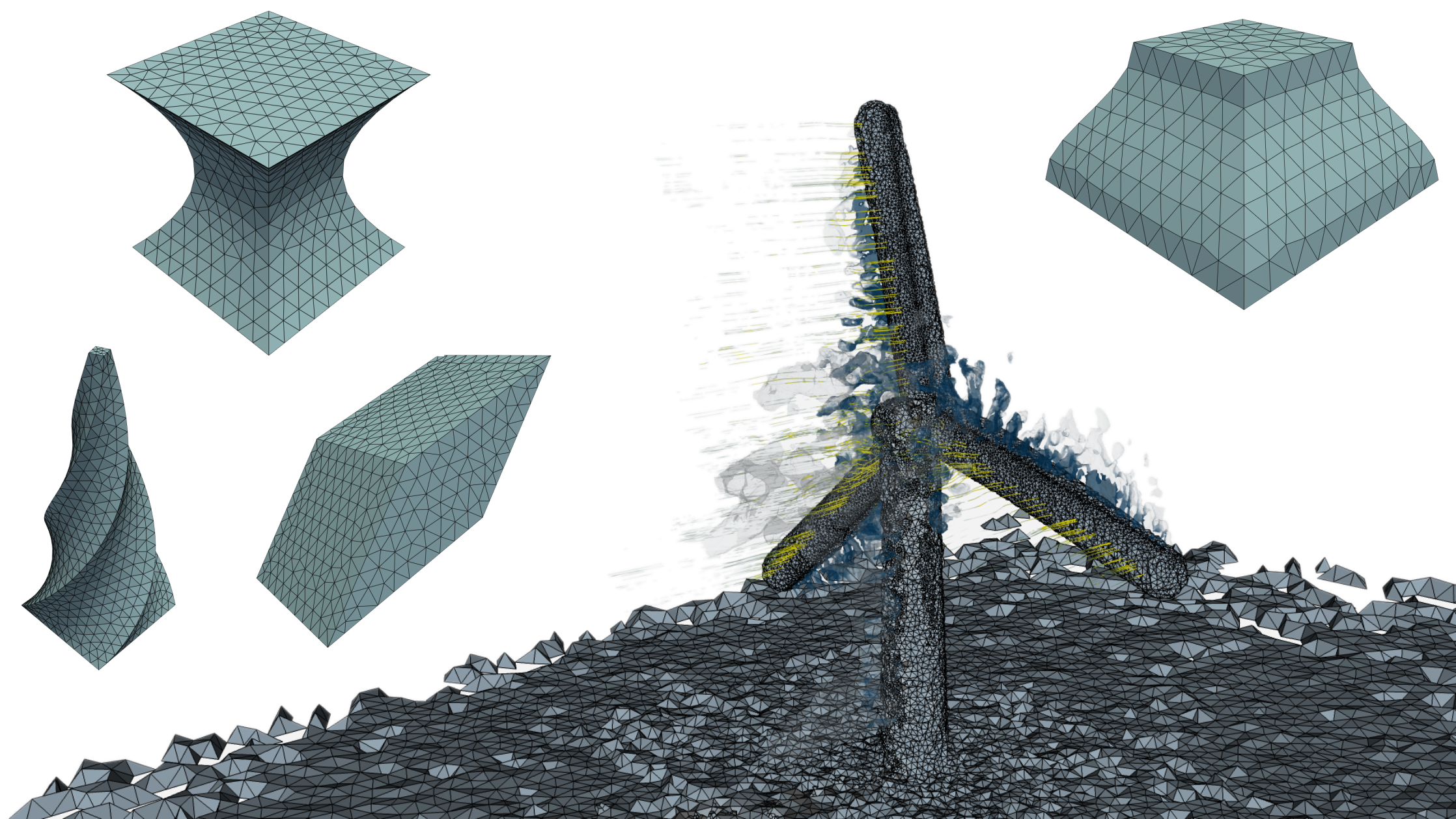 Roadmap visualization showing meshed geometry samples and an offshore turbine simulation
